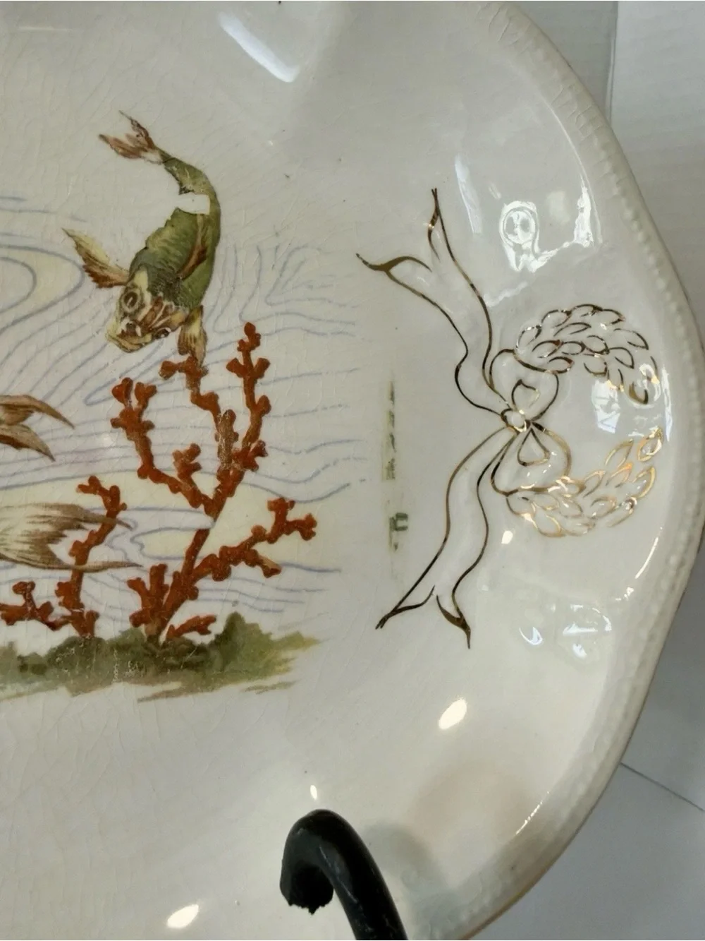 Antique Porcelain Fish Serving Platter Scalloped Gilt Transferware